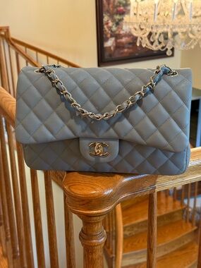 CHANEL 20C Caviar Quilted Shoulder Jumbo  Flap Bag in Gray with Gold Hardware